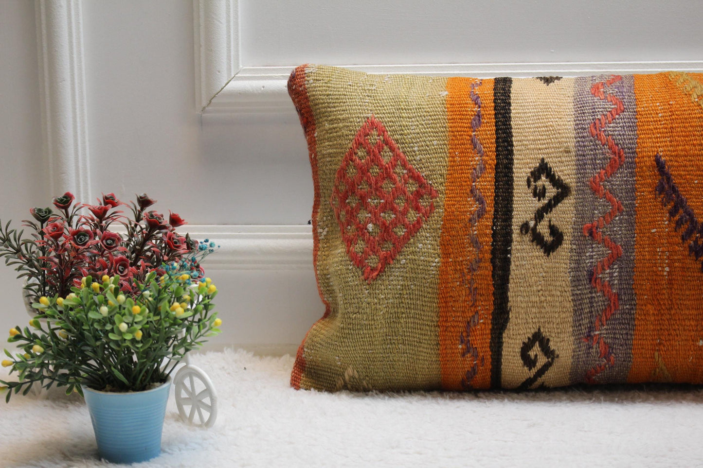 Orange Vintage Kilim Pillow Cover: 12x24 inch Wool Lumbar Pillow