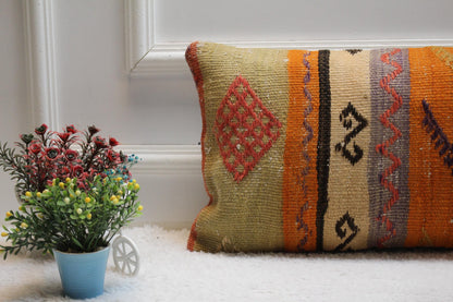 Orange Vintage Kilim Pillow Cover: 12x24 inch Wool Lumbar Pillow