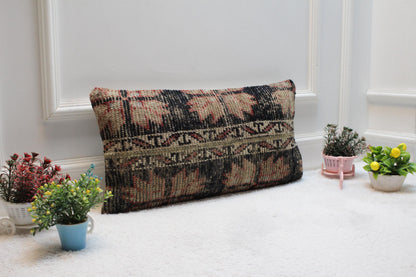 Handmade Kilim Lumbar Pillow Cover: Upcycled Woven Rug, 12x24 inc