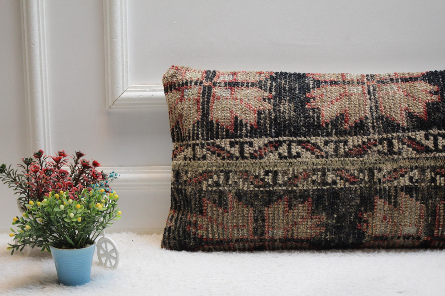 Handmade Kilim Lumbar Pillow Cover: Upcycled Woven Rug, 12x24 inc