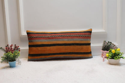 Striped Kilim Pillow Cover: Turkish Woven Wool, 12x24 inch