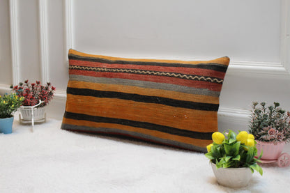 Striped Kilim Pillow Cover: Turkish Woven Wool, 12x24 inch