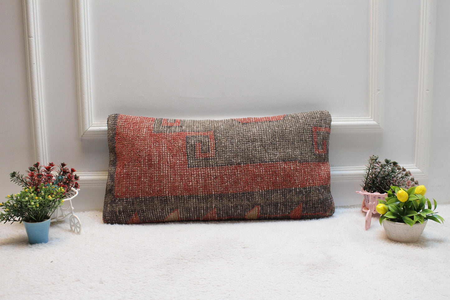 Handmade Kilim Pillow Cover: Red & Gray Woven Rug, 12x24 inch