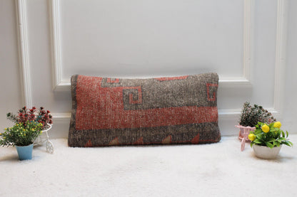 Handmade Kilim Pillow Cover: Red & Gray Woven Rug, 12x24 inch