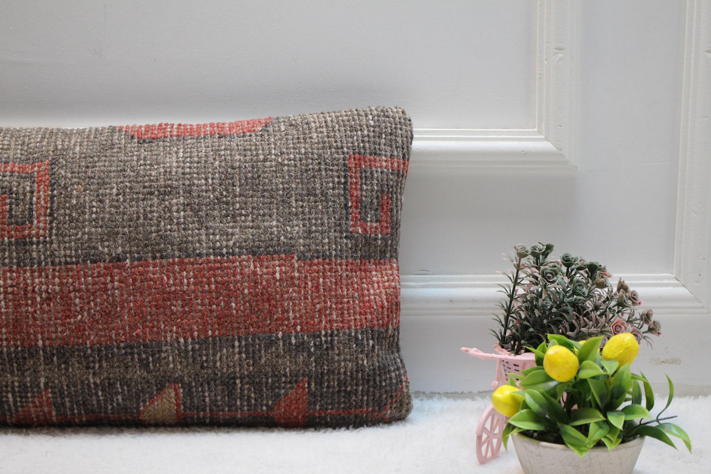 Handmade Kilim Pillow Cover: Red & Gray Woven Rug, 12x24 inch