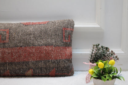 Handmade Kilim Pillow Cover: Red & Gray Woven Rug, 12x24 inch