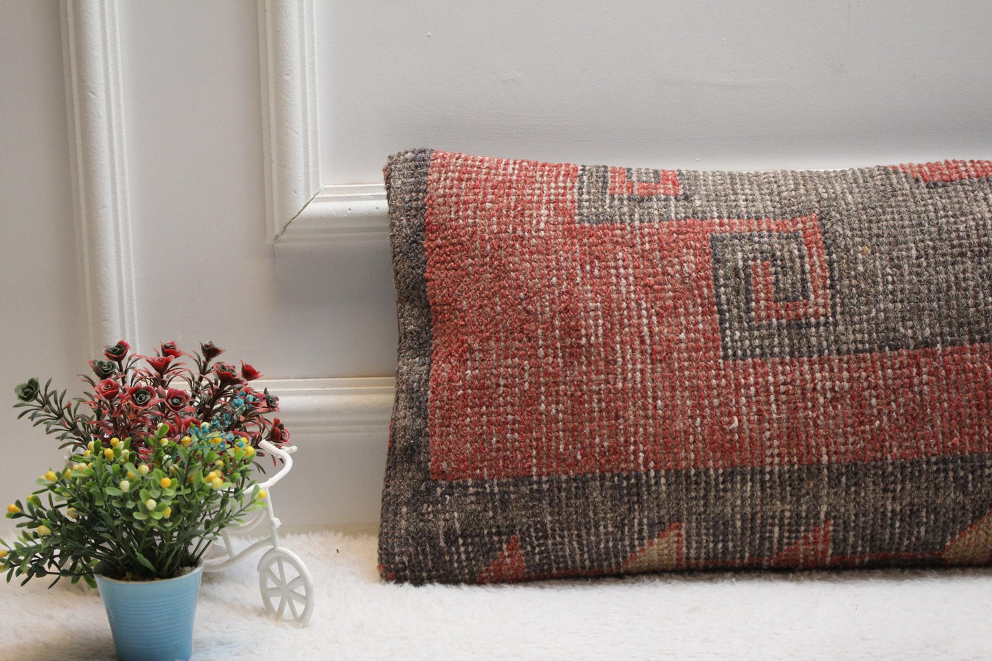 Handmade Kilim Pillow Cover: Red & Gray Woven Rug, 12x24 inch
