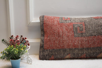 Handmade Kilim Pillow Cover: Red & Gray Woven Rug, 12x24 inch