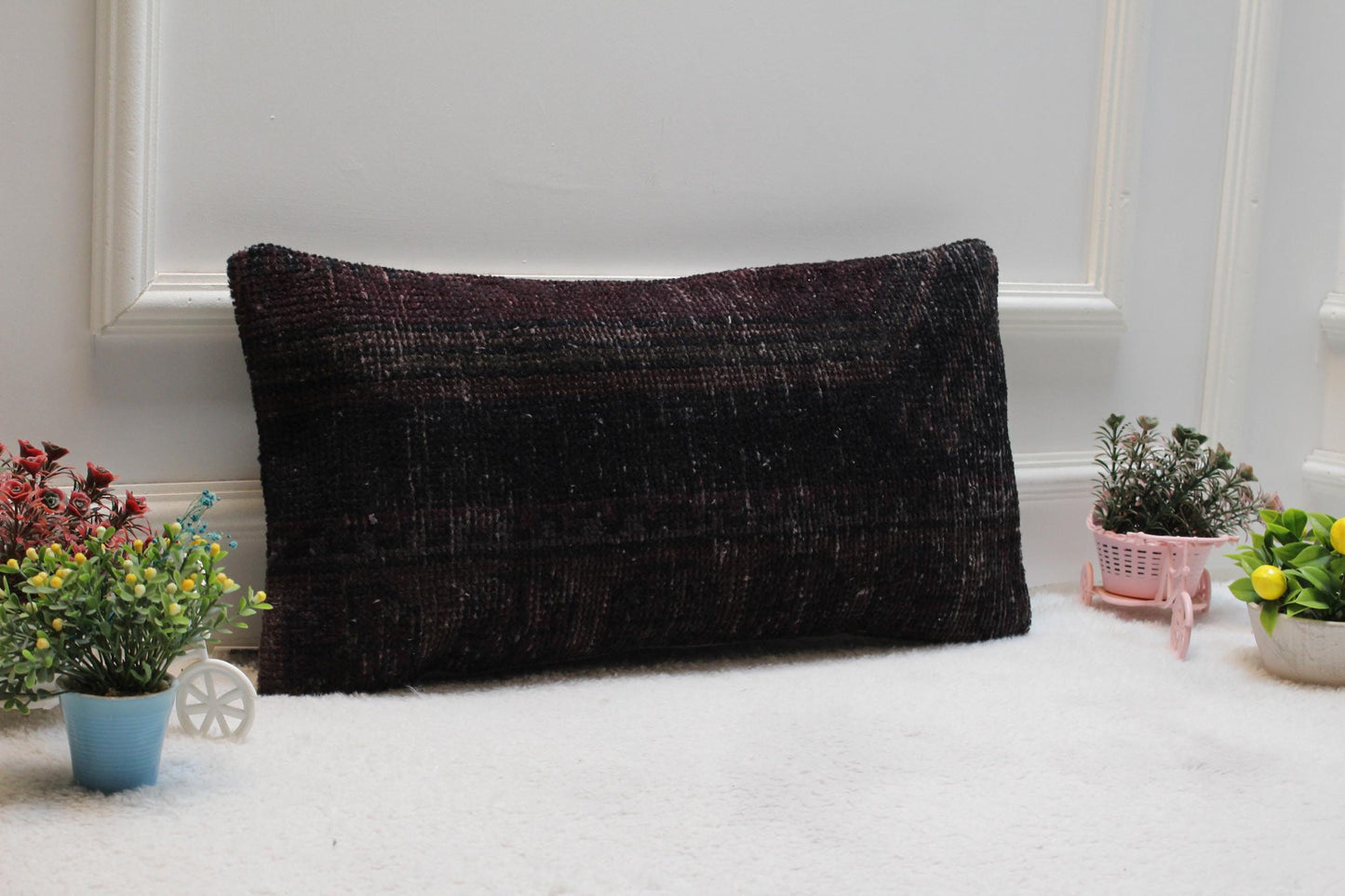 Black & Purple Vintage Turkish Rug Lumbar Pillow Cover (12x24 in)