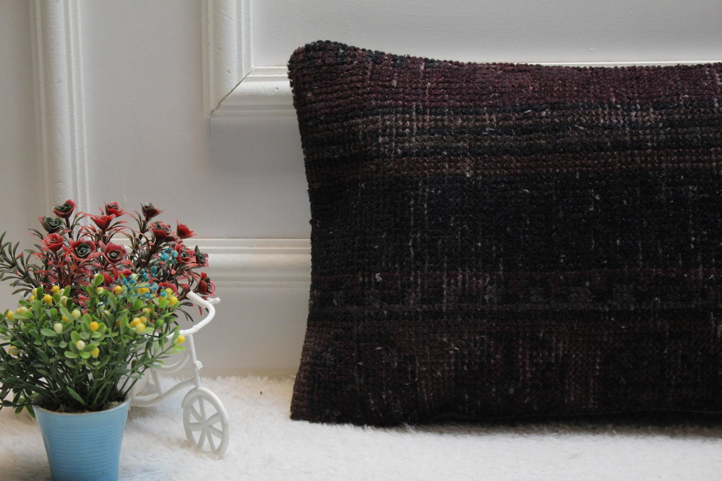 Black & Purple Vintage Turkish Rug Lumbar Pillow Cover (12x24 in)
