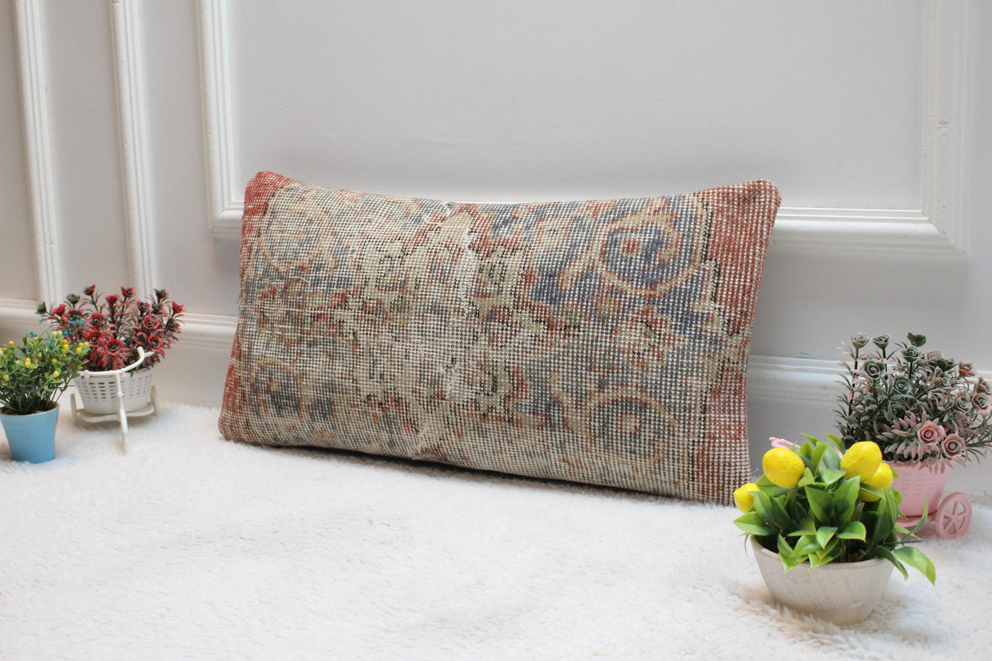 Handmade Kilim Lumbar Pillow Cover: Floral Woven Rug, 12x24 inch