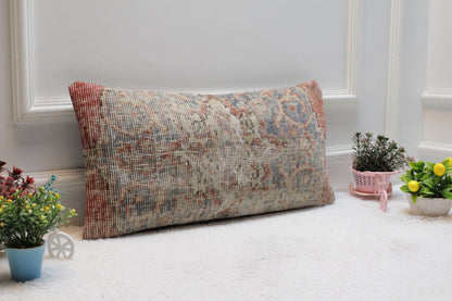 Handmade Kilim Lumbar Pillow Cover: Floral Woven Rug, 12x24 inch