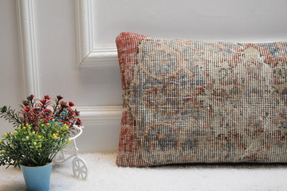Handmade Kilim Lumbar Pillow Cover: Floral Woven Rug, 12x24 inch