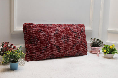 Handmade Red Kilim Lumbar Pillow Cover: Upcycled Woven Rug, 12x24 inc