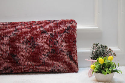 Handmade Red Kilim Lumbar Pillow Cover: Upcycled Woven Rug, 12x24 inc