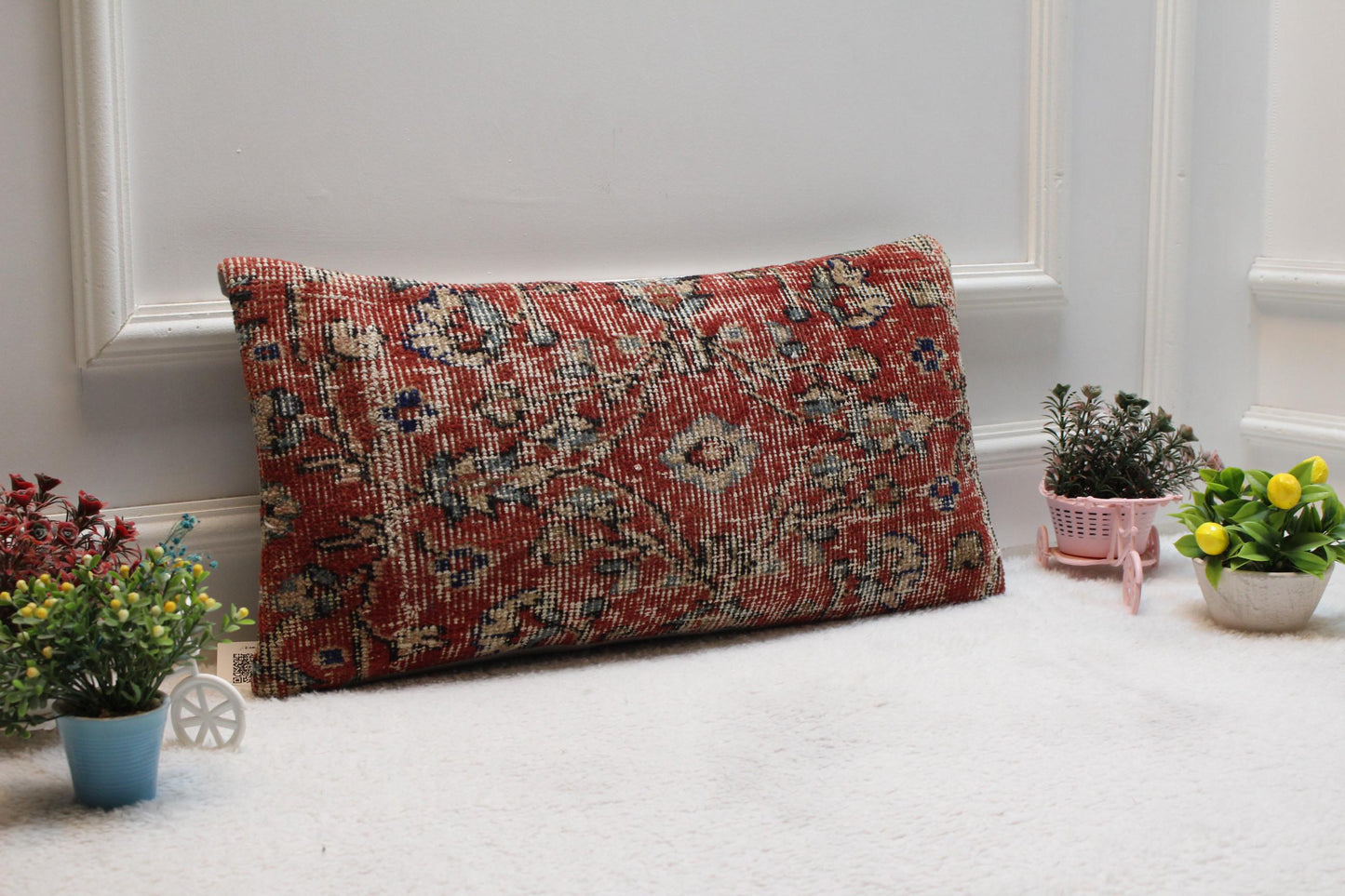 Red Turkish Rug Pillow Cover: Vintage Kilim Lumbar Pillow (12x24 in)