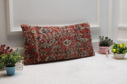 Red Turkish Rug Pillow Cover: Vintage Kilim Lumbar Pillow (12x24 in)