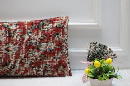 Red Turkish Rug Pillow Cover: Vintage Kilim Lumbar Pillow (12x24 in)