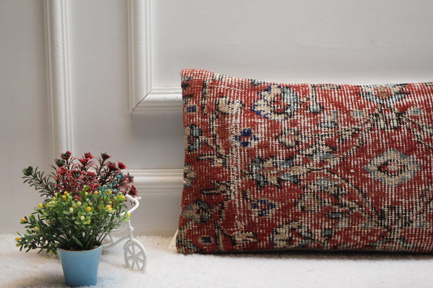 Red Turkish Rug Pillow Cover: Vintage Kilim Lumbar Pillow (12x24 in)