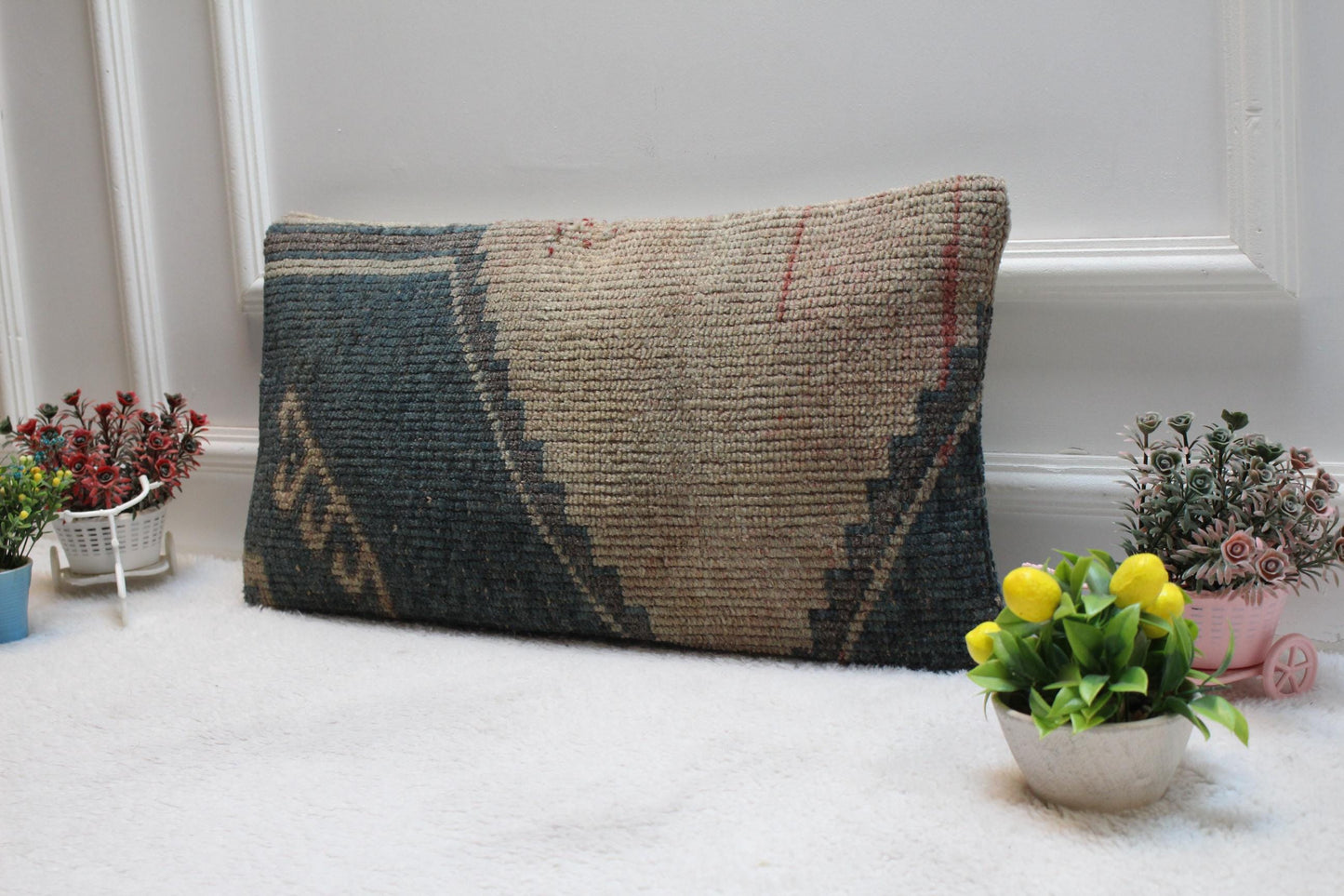 Handmade Kilim Lumbar Pillow Cover: Upcycled Woven Rug, Boho Decor (12x24 inch)
