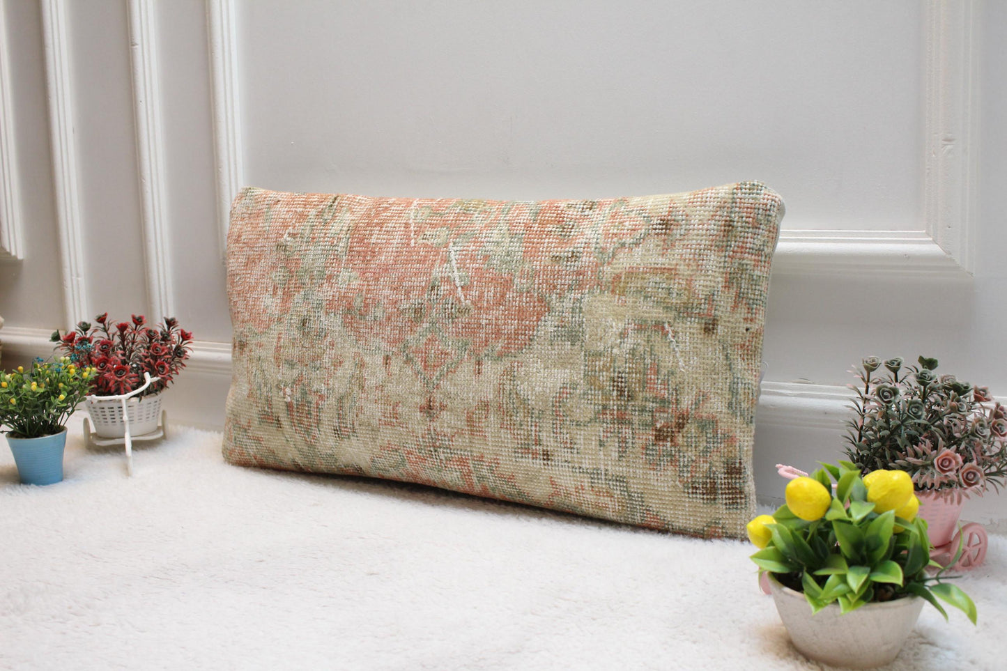 Vintage Turkish Rug Lumbar Pillow Cover: Beige Woven Wool, 12x24 inch