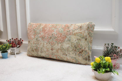 Vintage Turkish Rug Lumbar Pillow Cover: Beige Woven Wool, 12x24 inch