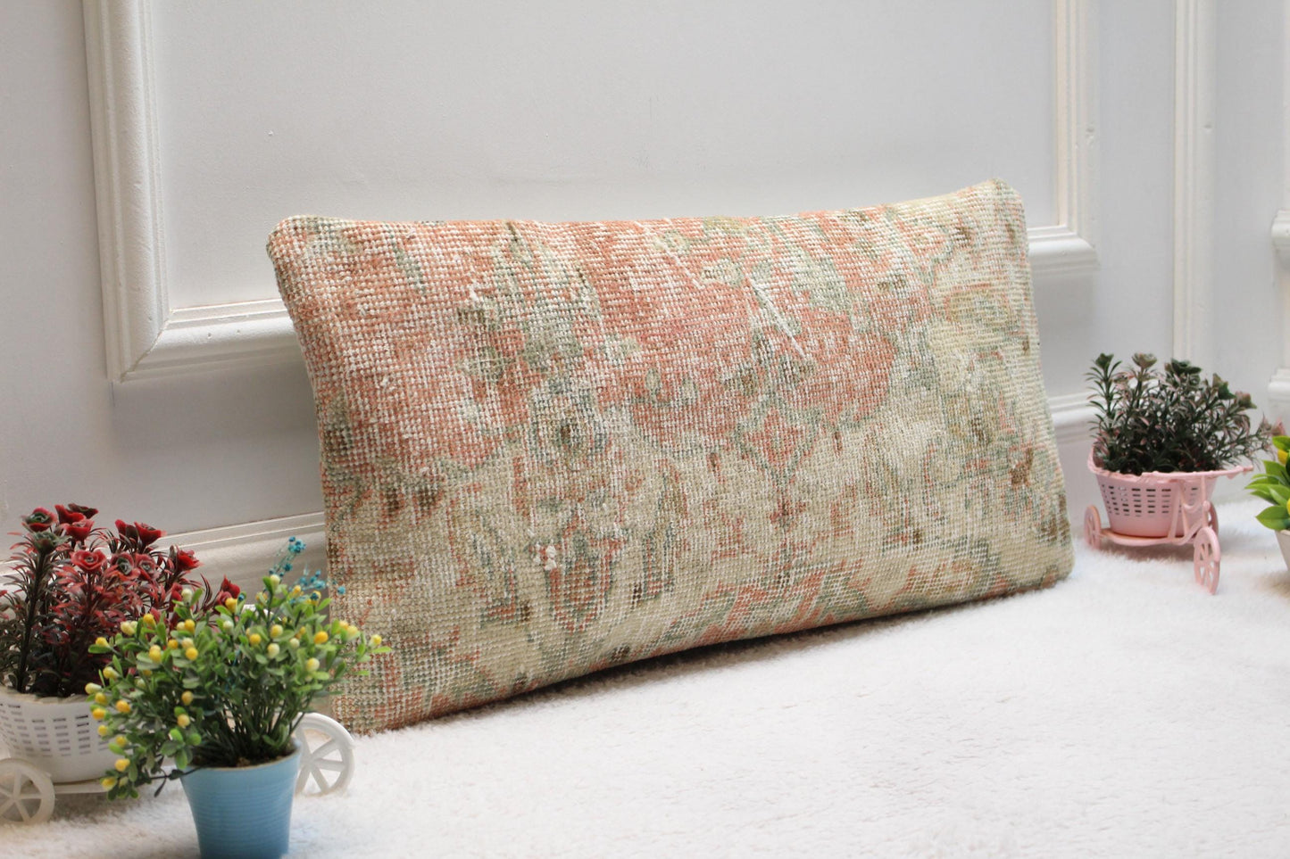 Vintage Turkish Rug Lumbar Pillow Cover: Beige Woven Wool, 12x24 inch