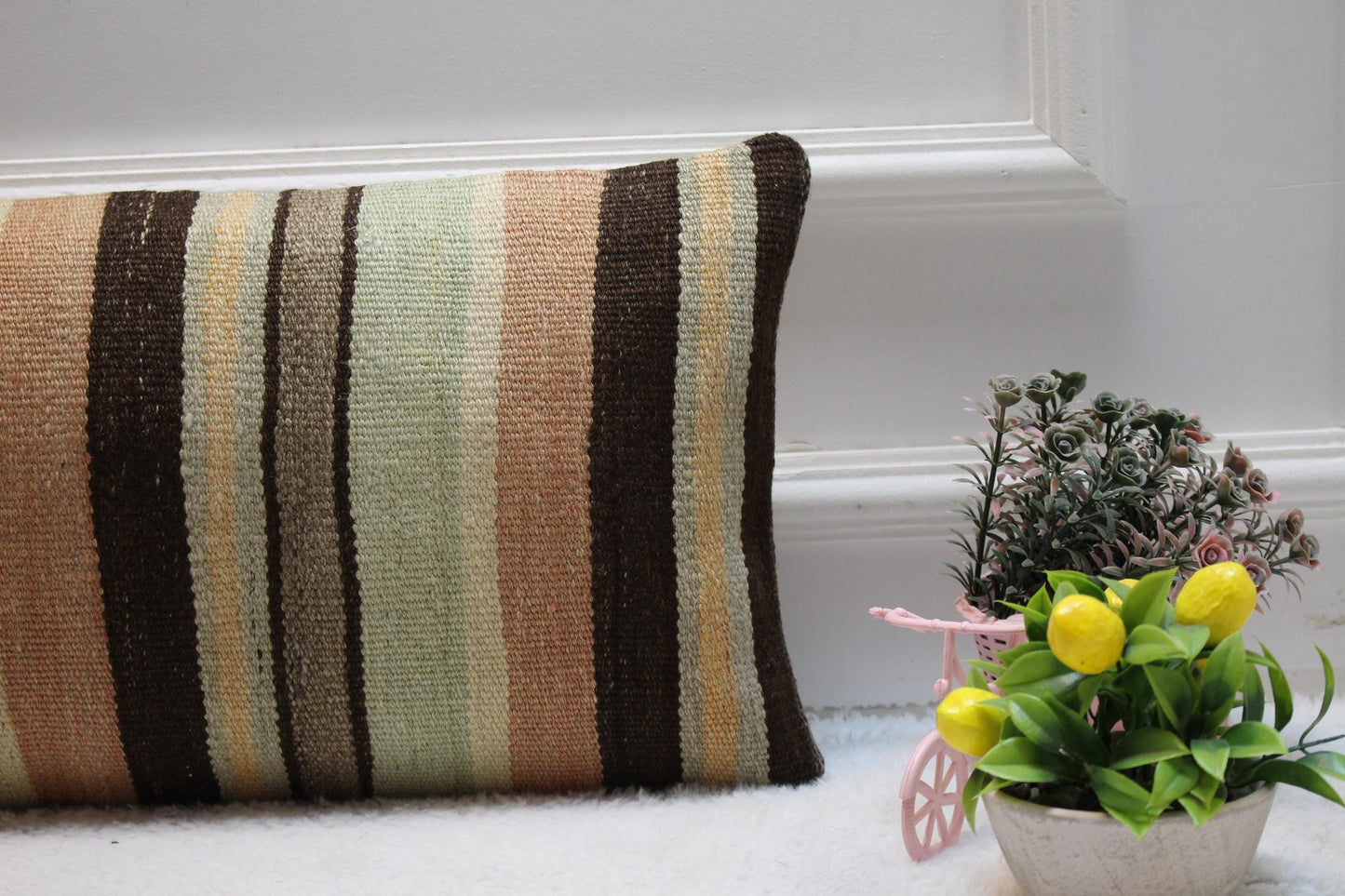 Striped Kilim Lumbar Pillow Cover: Handwoven Wool, 12x24 inch
