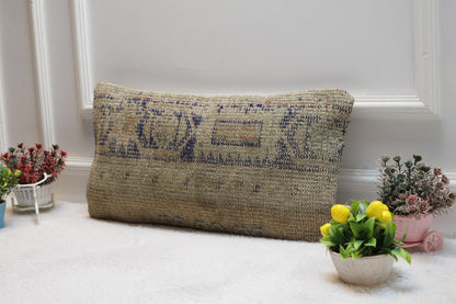 Handmade Kilim Lumbar Pillow Cover: Beige & Blue Rug Pillow (12x24 inc)