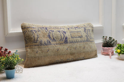 Handmade Kilim Lumbar Pillow Cover: Beige & Blue Rug Pillow (12x24 inc)