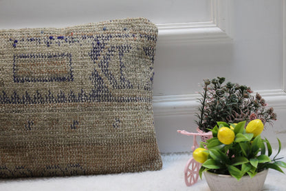 Handmade Kilim Lumbar Pillow Cover: Beige & Blue Rug Pillow (12x24 inc)