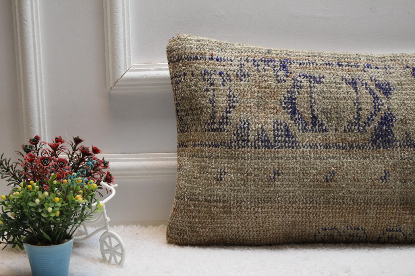 Handmade Kilim Lumbar Pillow Cover: Beige & Blue Rug Pillow (12x24 inc)