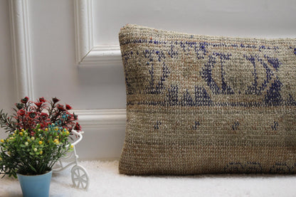 Handmade Kilim Lumbar Pillow Cover: Beige & Blue Rug Pillow (12x24 inc)