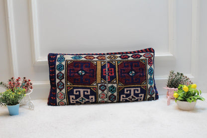 Vintage Turkish Rug Lumbar Pillow Cover: Beige, Blue, Red (12x24 in)