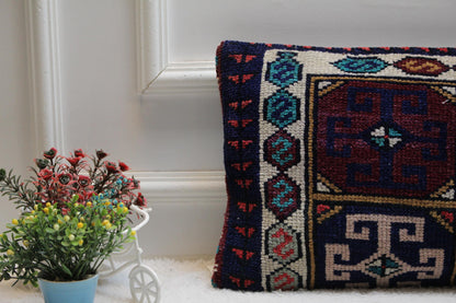 Vintage Turkish Rug Lumbar Pillow Cover: Beige, Blue, Red (12x24 in)