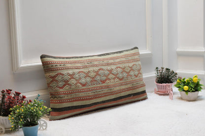 Handmade Geometric Kilim Pillow Cover: Vintage Woven Wool, 12x24 inch