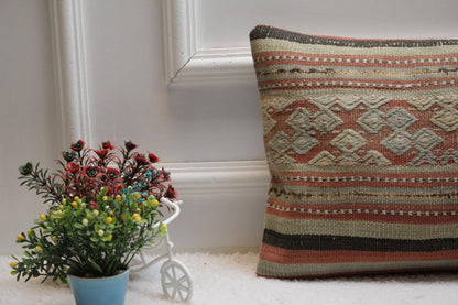 Handmade Geometric Kilim Pillow Cover: Vintage Woven Wool, 12x24 inch