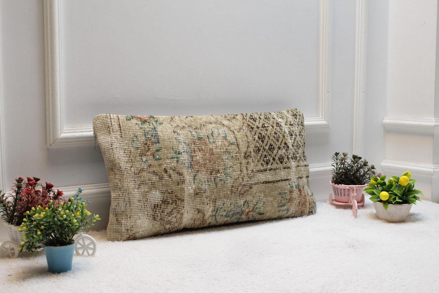 Beige Vintage Turkish Rug Lumbar Pillow Cover: 12x24 inc Handmade Kilim Pillow