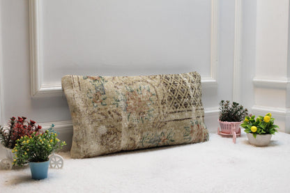 Beige Vintage Turkish Rug Lumbar Pillow Cover: 12x24 inc Handmade Kilim Pillow