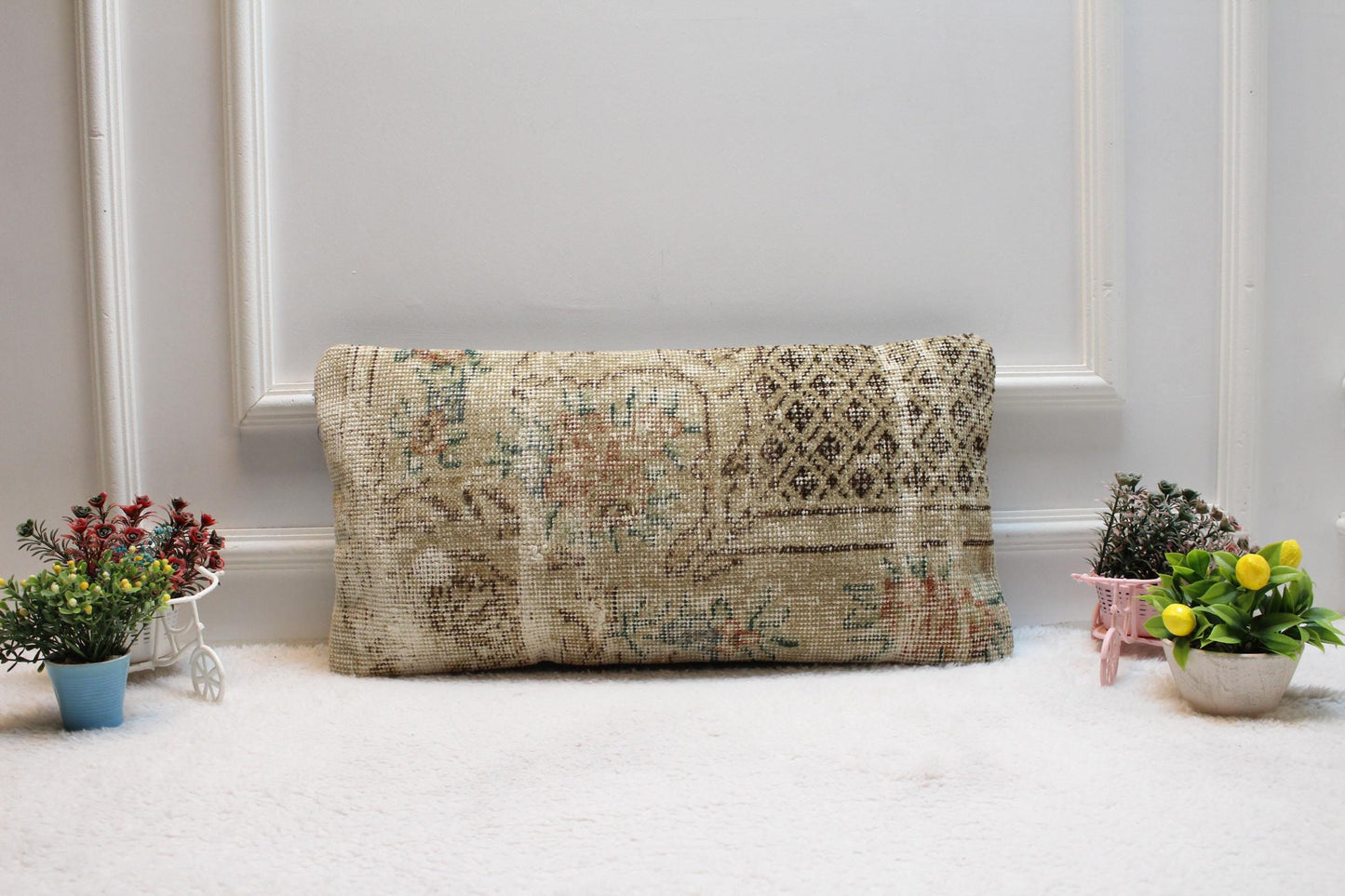 Beige Vintage Turkish Rug Lumbar Pillow Cover: 12x24 inc Handmade Kilim Pillow