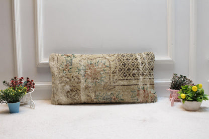 Beige Vintage Turkish Rug Lumbar Pillow Cover: 12x24 inc Handmade Kilim Pillow