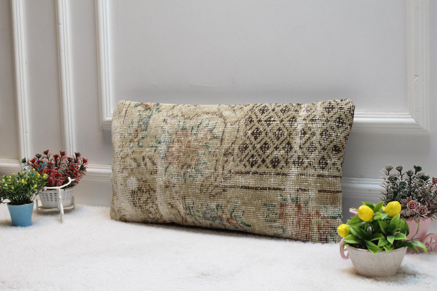 Beige Vintage Turkish Rug Lumbar Pillow Cover: 12x24 inc Handmade Kilim Pillow