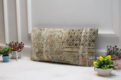 Beige Vintage Turkish Rug Lumbar Pillow Cover: 12x24 inc Handmade Kilim Pillow