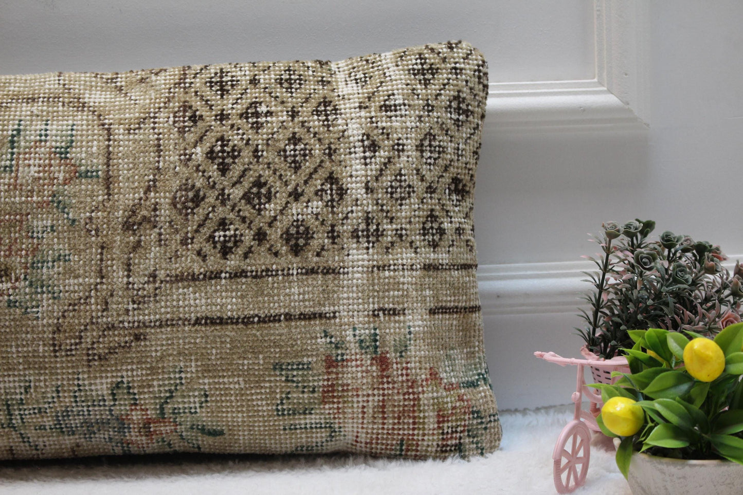 Beige Vintage Turkish Rug Lumbar Pillow Cover: 12x24 inc Handmade Kilim Pillow