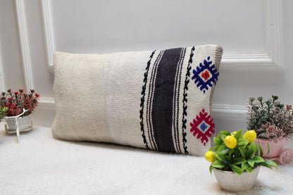 White Turkish Kilim Lumbar Pillow Cover: Vintage Woven Rug, 12x24 inch
