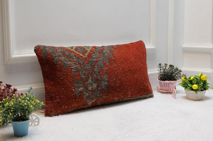 Red Turkish Rug Lumbar Pillow Cover: Vintage Woven Wool, 12x24 inch