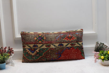 Handmade Floral Kilim Lumbar Pillow Cover: Upcycled Woven Rug (12x24 in)