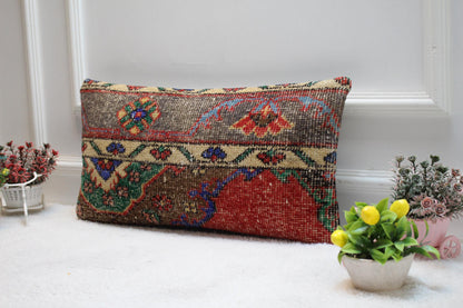 Handmade Floral Kilim Lumbar Pillow Cover: Upcycled Woven Rug (12x24 in)