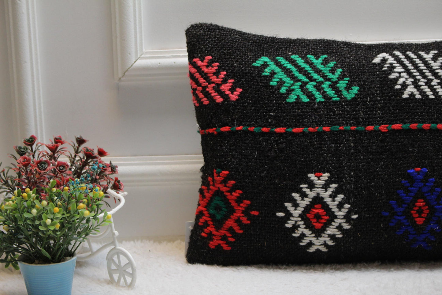 Handmade Turkish Kilim Pillow: Ethnic Black Wool Lumbar Pillow Cover