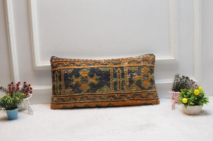 Handmade Kilim Pillow Cover: Orange & Blue Geometric Rug Pillow (12x24in)